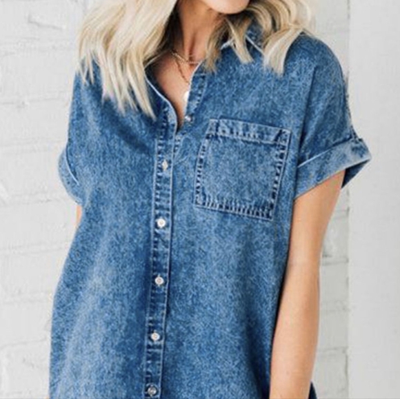 Distressed Denim Short Sleeve Button Front Pocket Jean Cotton Mini Shirt Dress - Picture 6 of 13